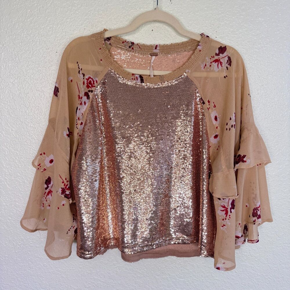 Free People Top Womens Small Shimmy & Shake Sequin Floral Flowy Boho Blouse S